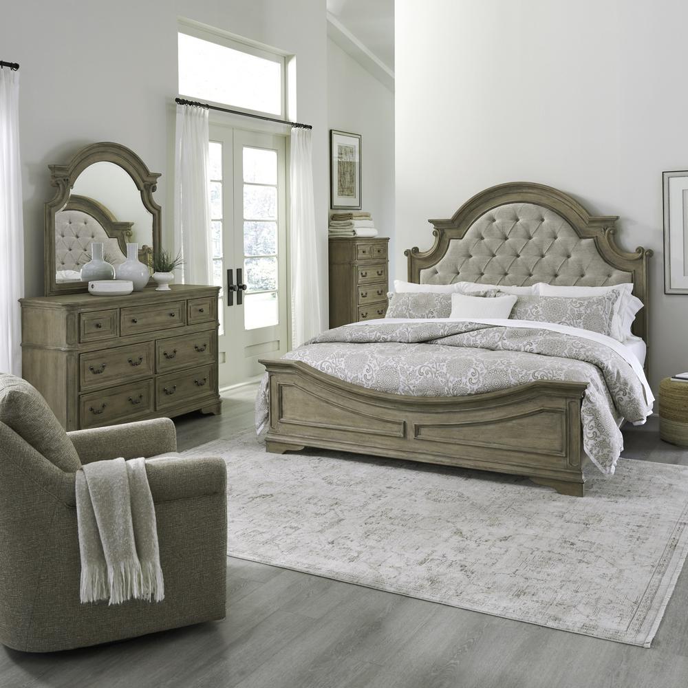 Magnolia Manor King Upholstered Bed, Dresser & Mirror, Chest - Weathered Bisque. Picture 1