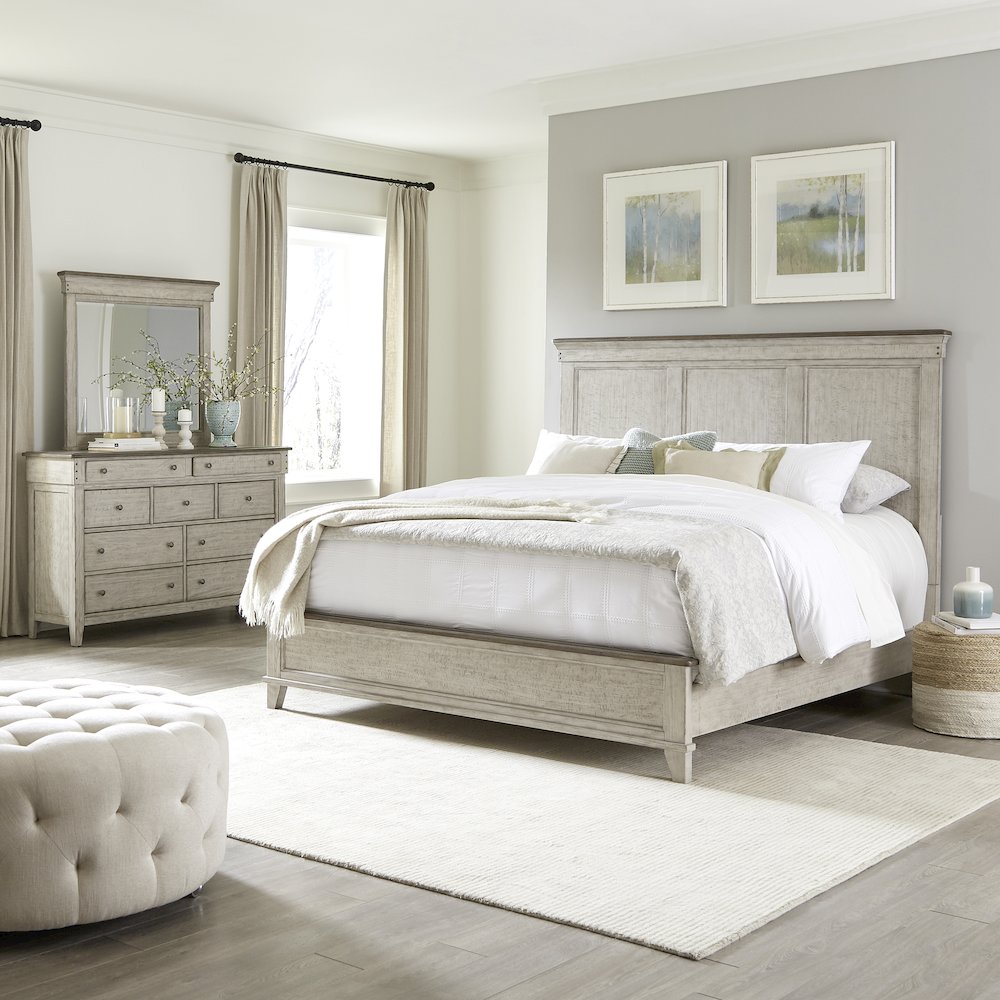 King Panel Bed, Dresser & Mirror in Poplar Solids w/ Pine & Alder Veneers. Picture 1