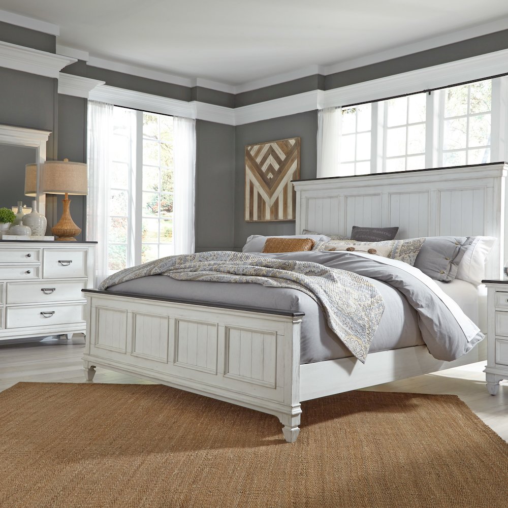 Queen Panel Bed, Dresser & Mirror - Wirebrushed White w/ Charcoal Tops. Picture 1