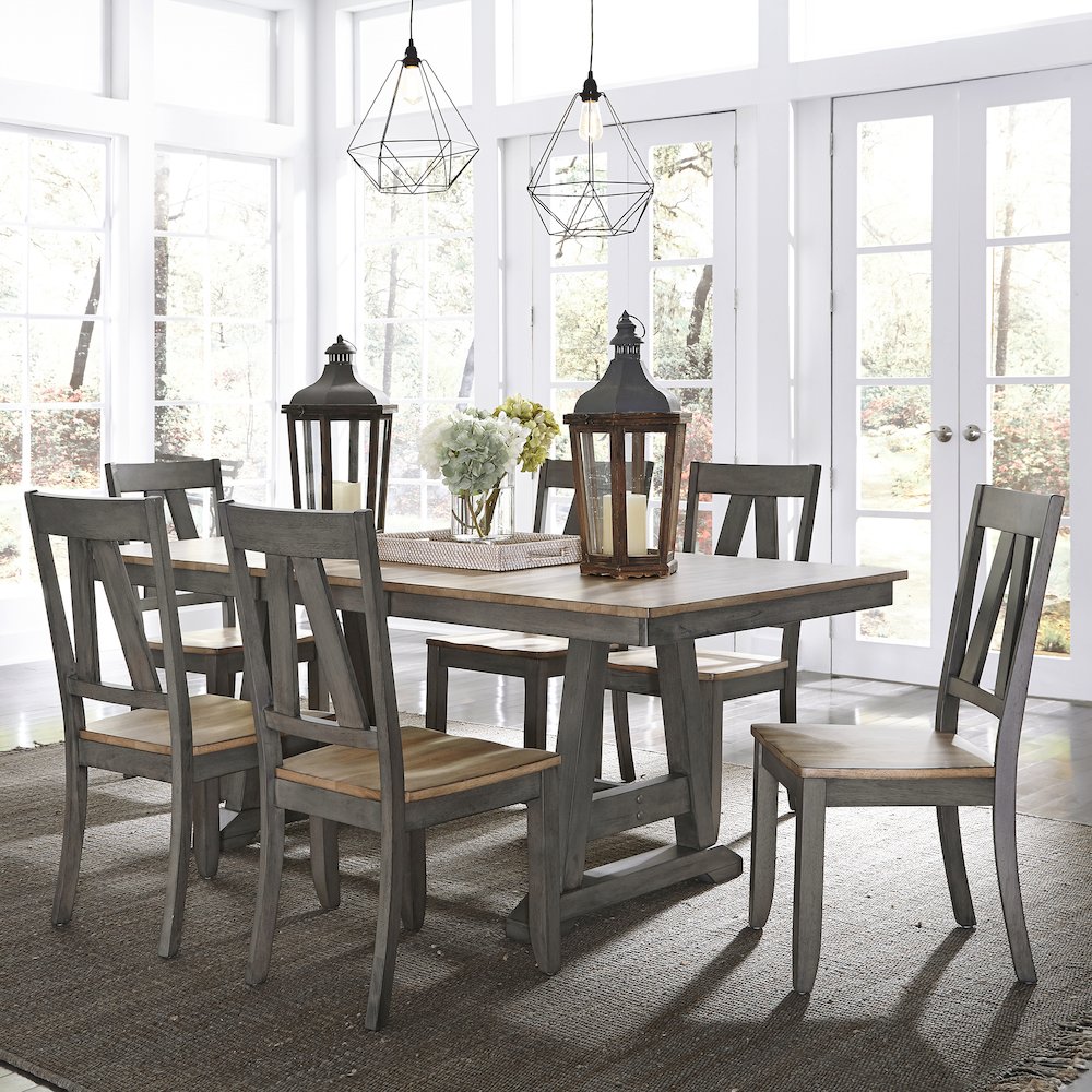 Lindsey Farm 7 Piece Trestle Table Set in Rubberwood Solids & Veneers w/ MDF. Picture 4