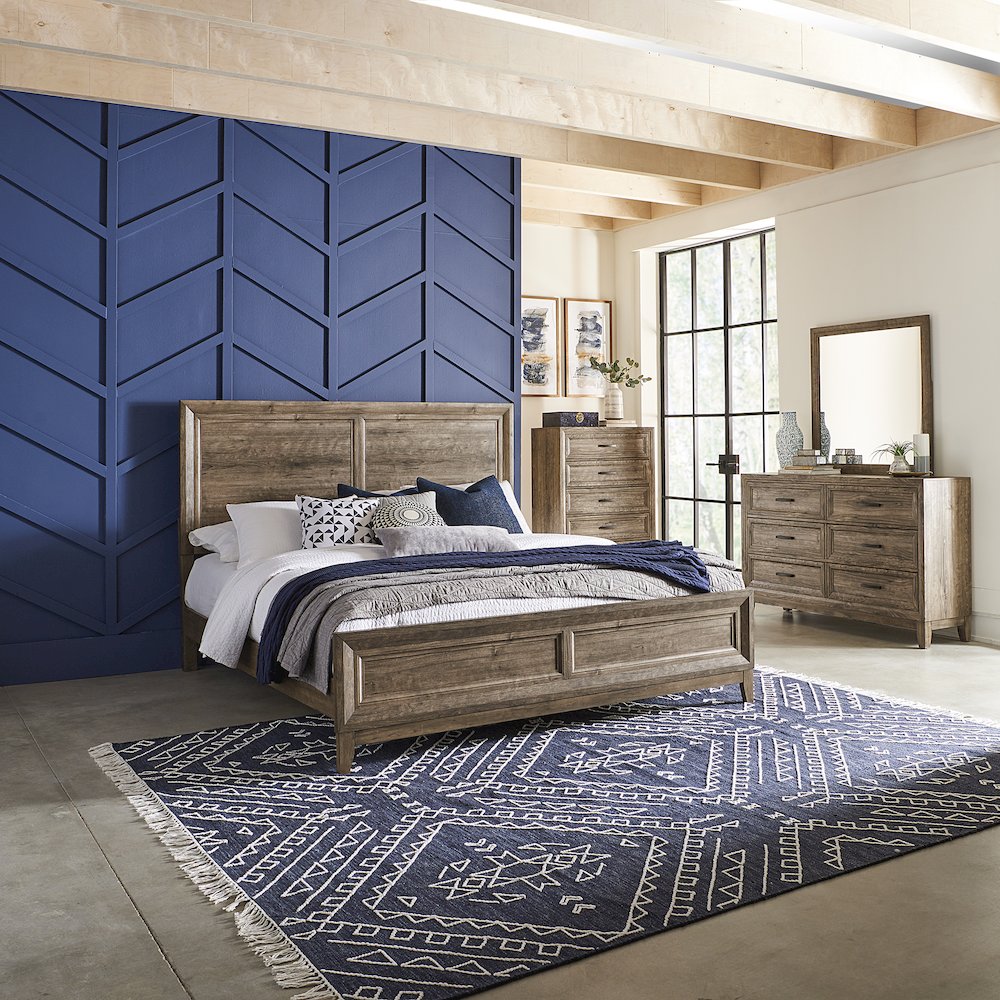 Queen Panel Bed, Dresser & Mirror, Chest in Rubberwood Solids w/ Paper Laminate. Picture 4