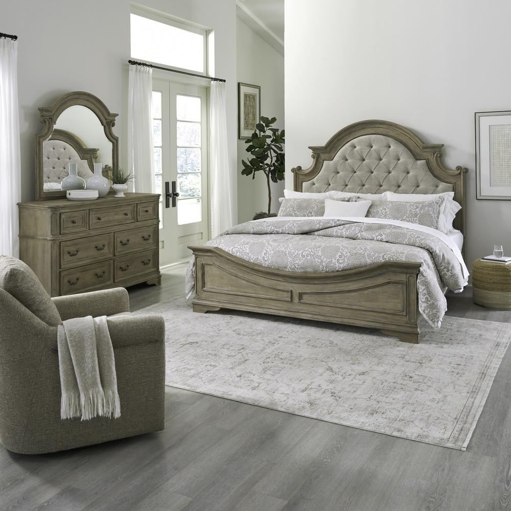 Magnolia Manor Queen Upholstered Bed, Dresser & Mirror - Weathered Bisque. Picture 1