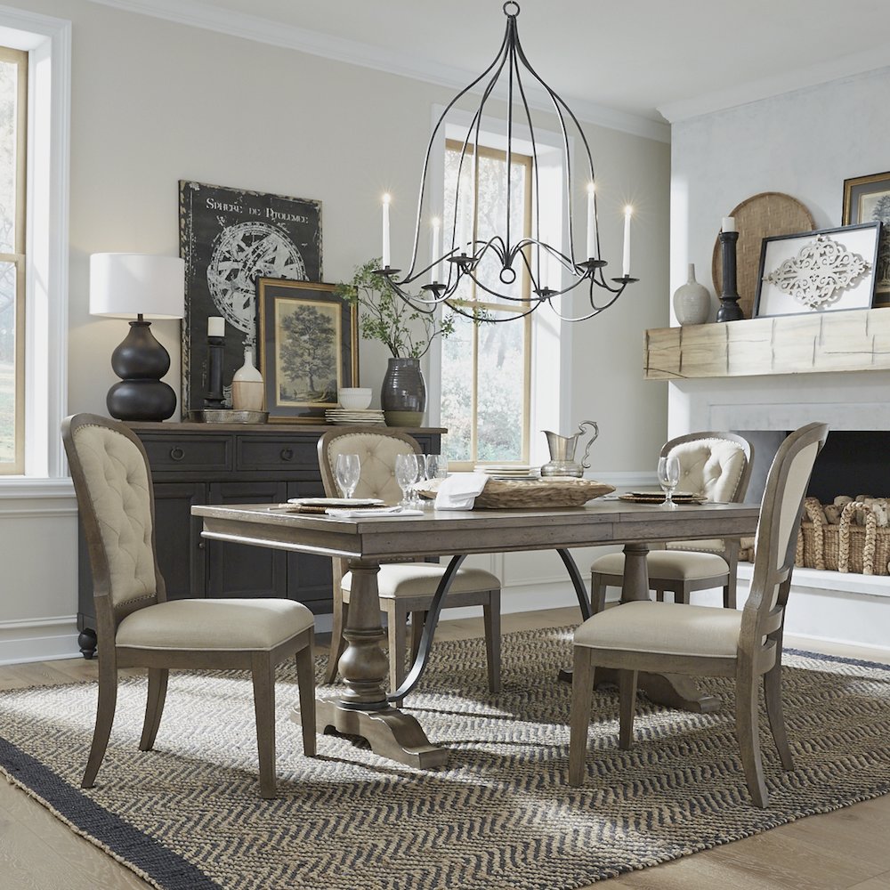 Americana Farmhouse Optional 5 Piece Trestle Table Set - Dusty Taupe & Black. Picture 1