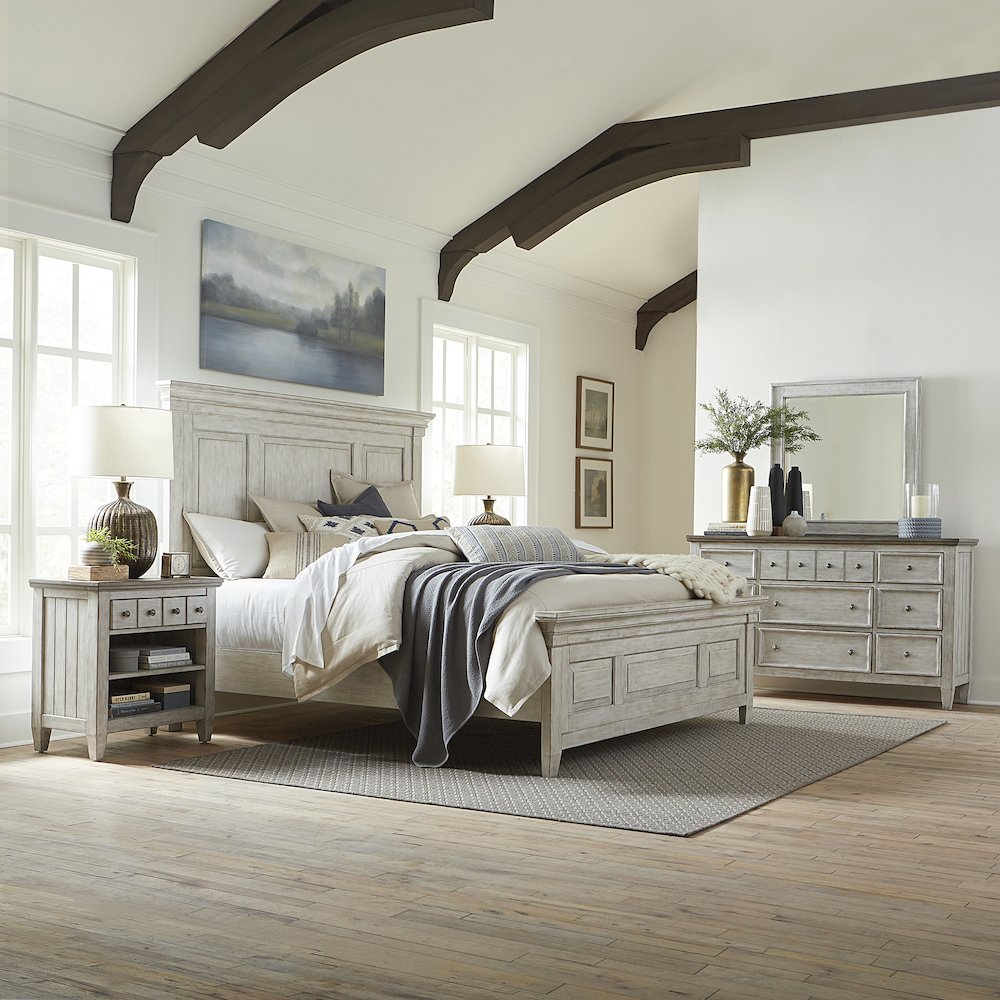 Queen Panel Bed, Dresser & Mirror, Night Stand - Antique White w/ Tobacco Tops. Picture 1