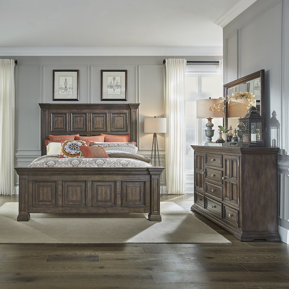 Big Valley Queen Panel Bed, Dresser & Mirror - Brownstone w/ Heavy Distressing. Picture 1