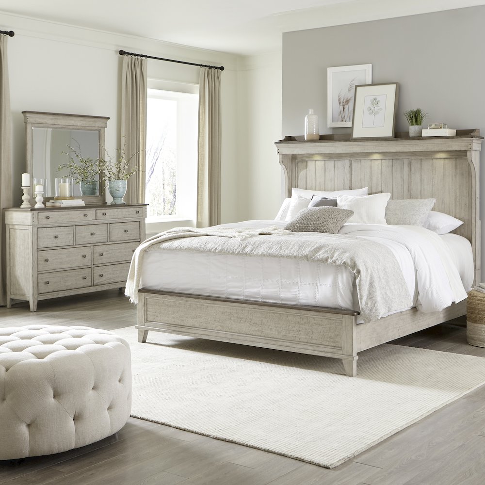 King Mantle Bed, Dresser & Mirror - Weathered Linen w/ Dusty Taupe Tops. Picture 1
