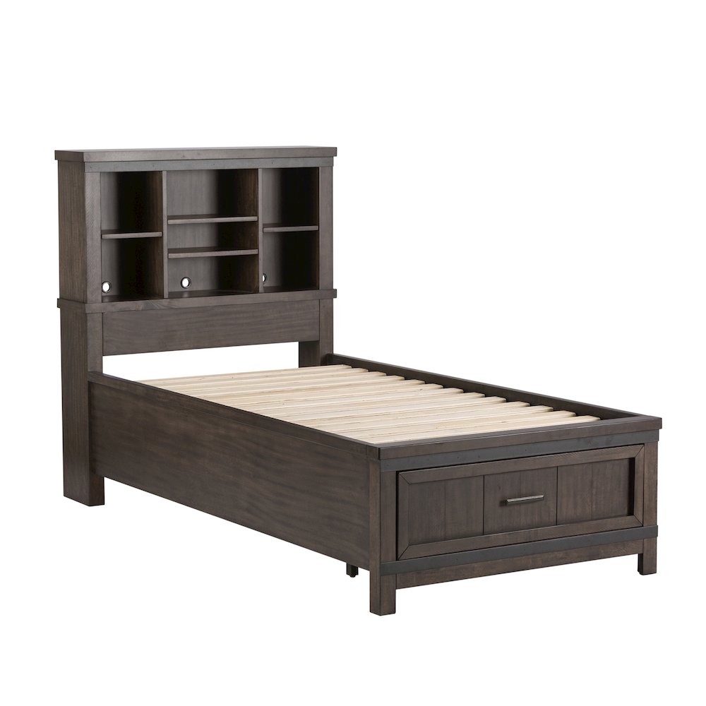 Twin Bookcase Bed, Dresser & Mirror in Rubberwood Solids and Mango Veneers. Picture 1