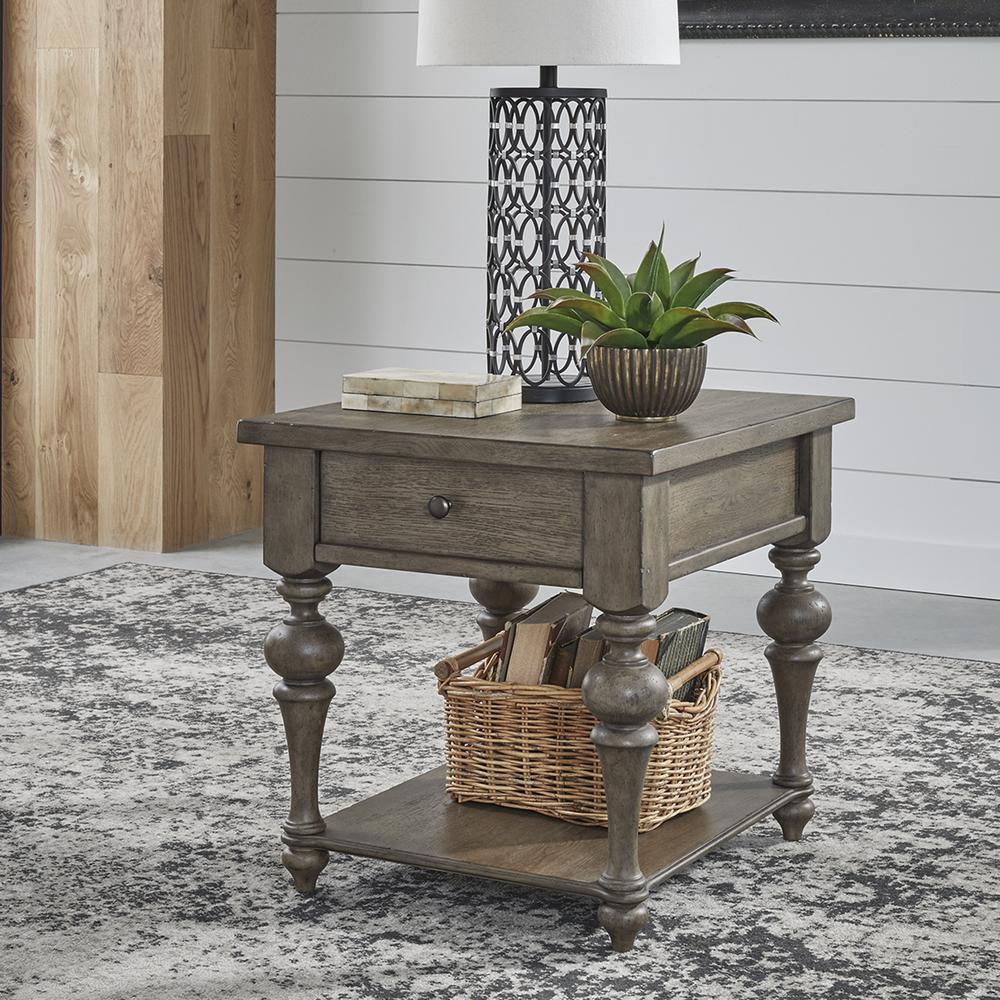 Americana Farmhouse Drawer End Table in Dusty Taupe. Picture 2