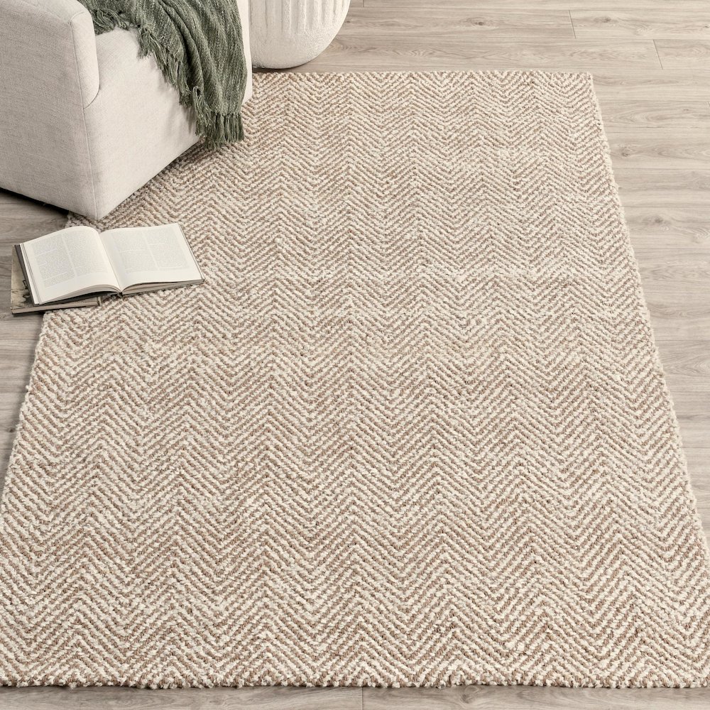 Herringbone 6'x9' Hand Spun Wool Blend Chenille Ivory Area Accent Rug. Picture 5