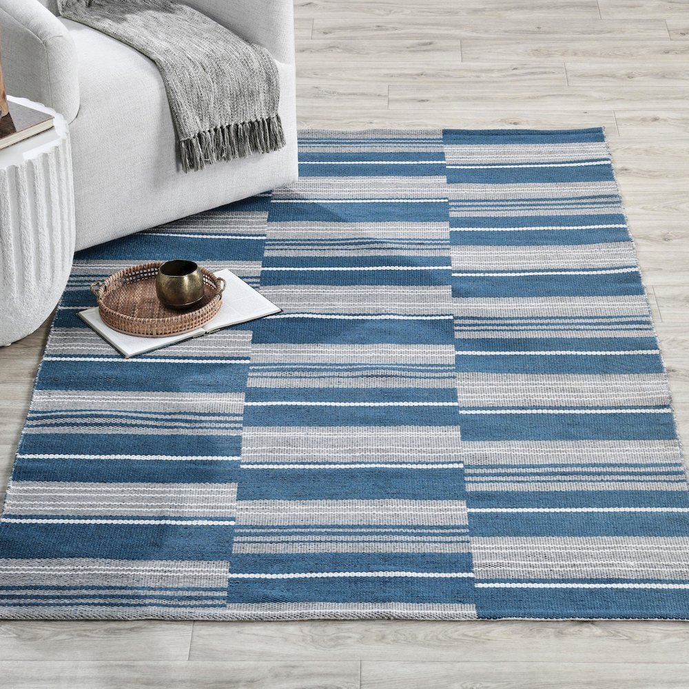 Boulder 8x10 Indoor Outdoor Handwoven Stripe Blue Area Rug by Kosas Home. Picture 5