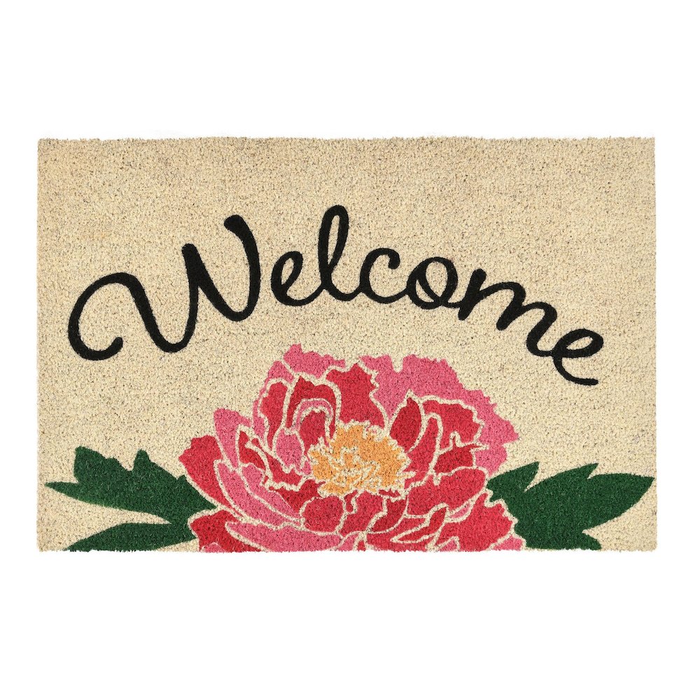Peony Welcome 24"x36" Doormat Choir Front and PVC Backing Pink and Sand. Picture 1