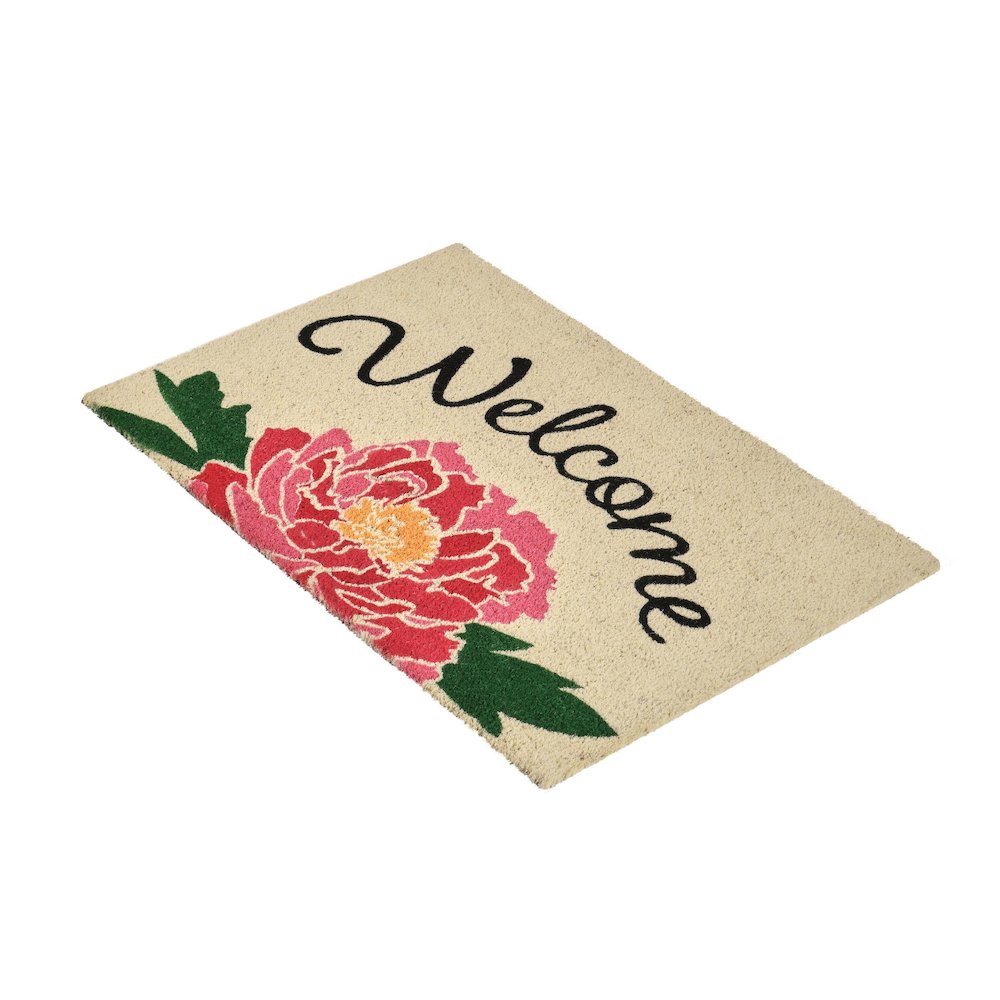 Peony Welcome 24"x36" Doormat Choir Front and PVC Backing Pink and Sand. Picture 2
