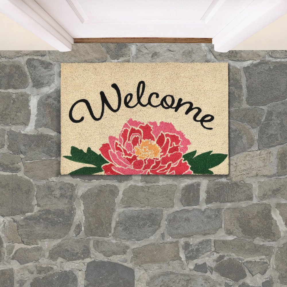 Peony Welcome 24"x36" Doormat Choir Front and PVC Backing Pink and Sand. Picture 4