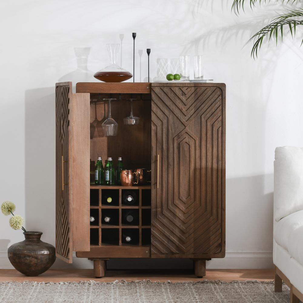 Holmes Mango Wood Carved Bar Cabinet in Brown. Picture 12