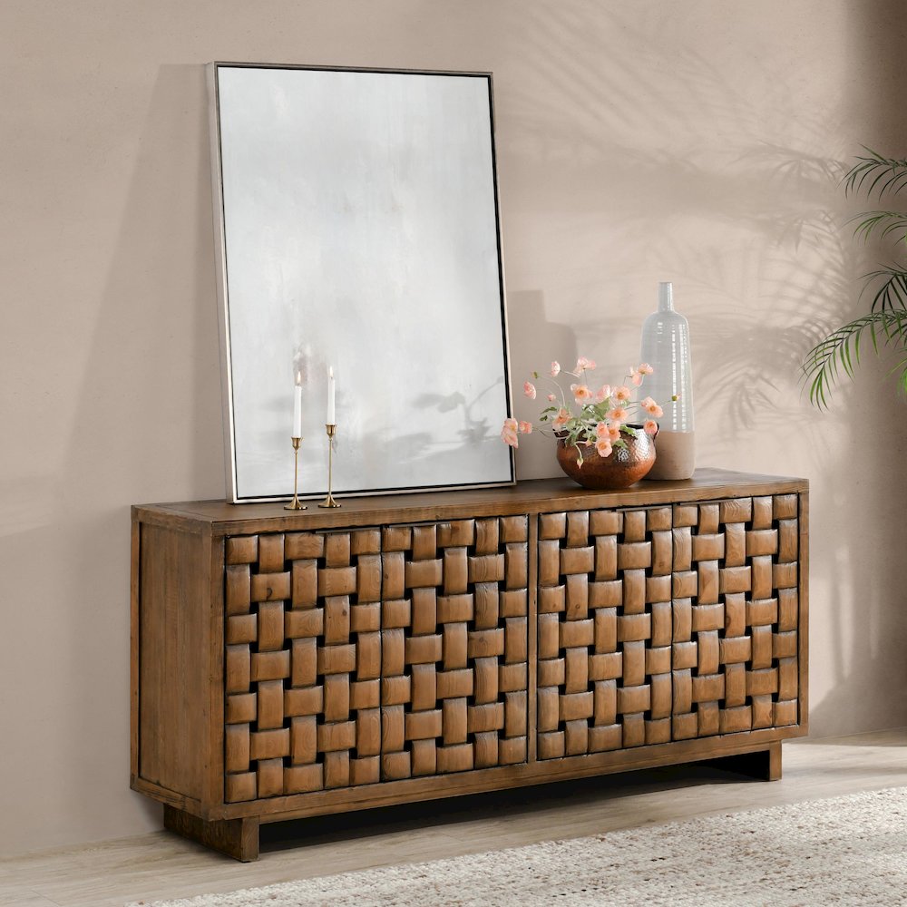Bast 4-Door Reclaimed Pine Wood Buffet Sideboard in Brown. Picture 3