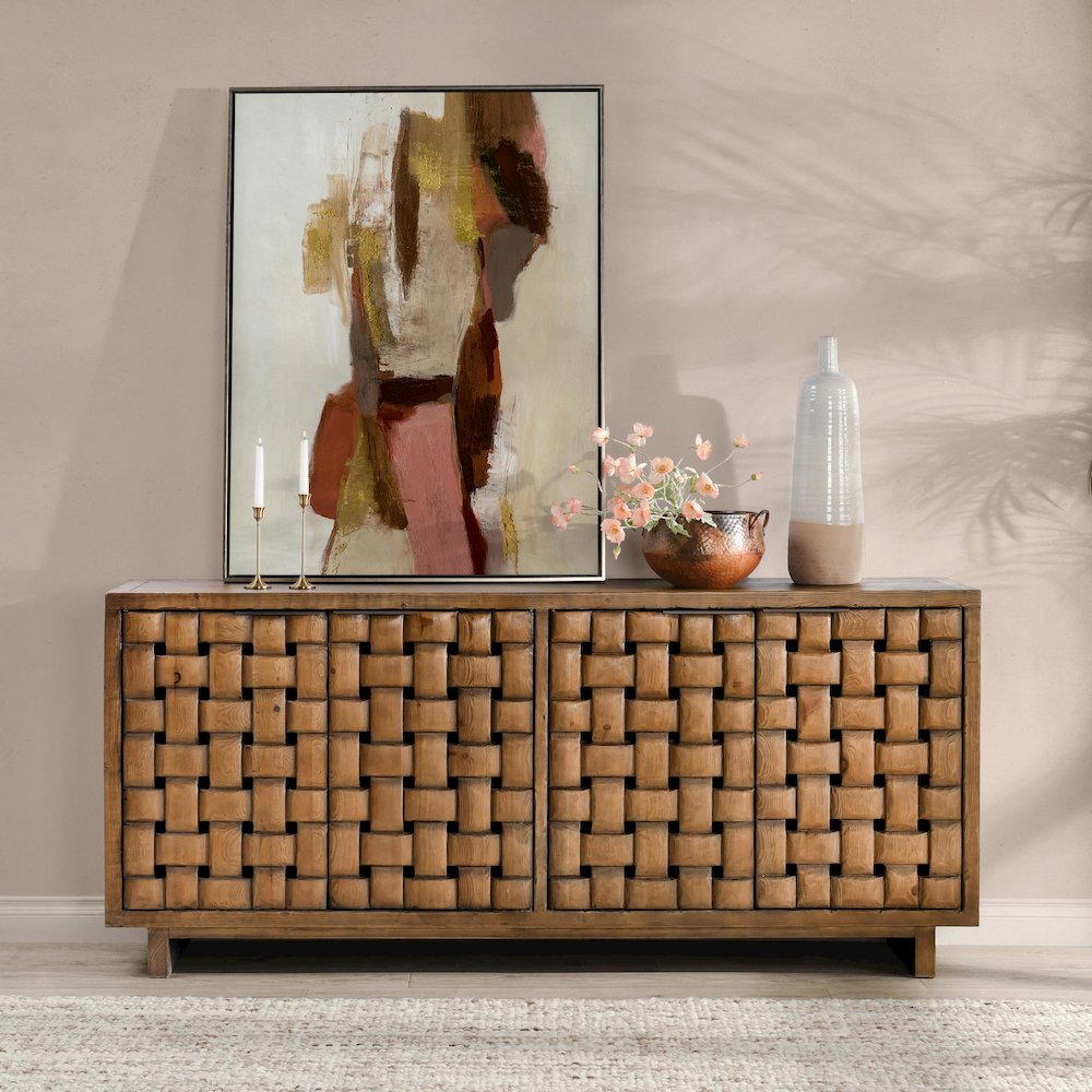 Bast 4-Door Reclaimed Pine Wood Buffet Sideboard in Brown. Picture 13