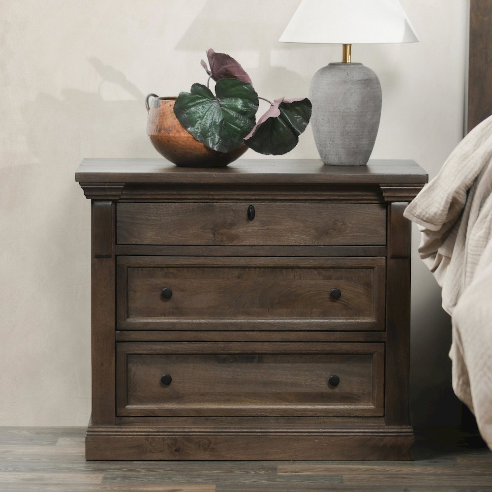 Adelaide Three-Drawer Mango Wood Nightstand in Cocoa Brown. Picture 12