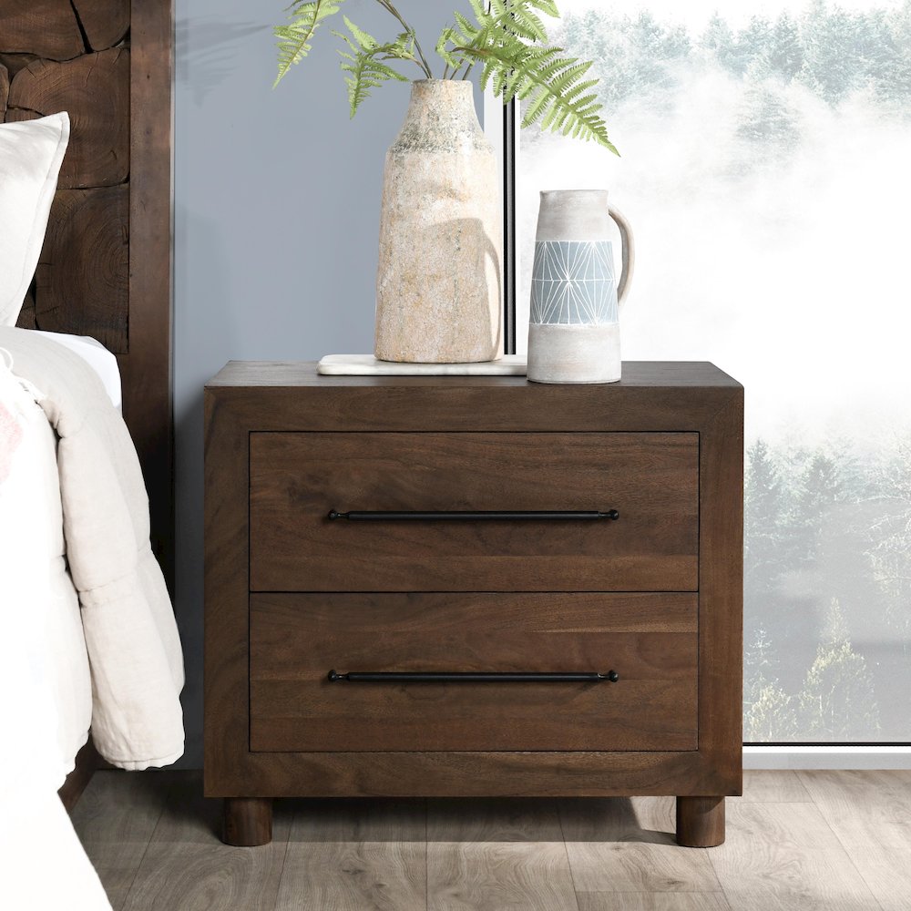 Jaxon Two-Drawer Acacia Wood Nightstand in Cocoa Brown. Picture 12