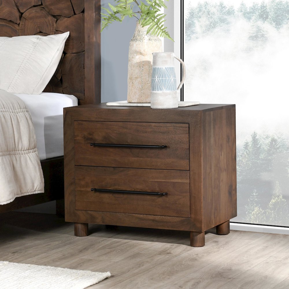 Jaxon Two-Drawer Acacia Wood Nightstand in Cocoa Brown. Picture 13