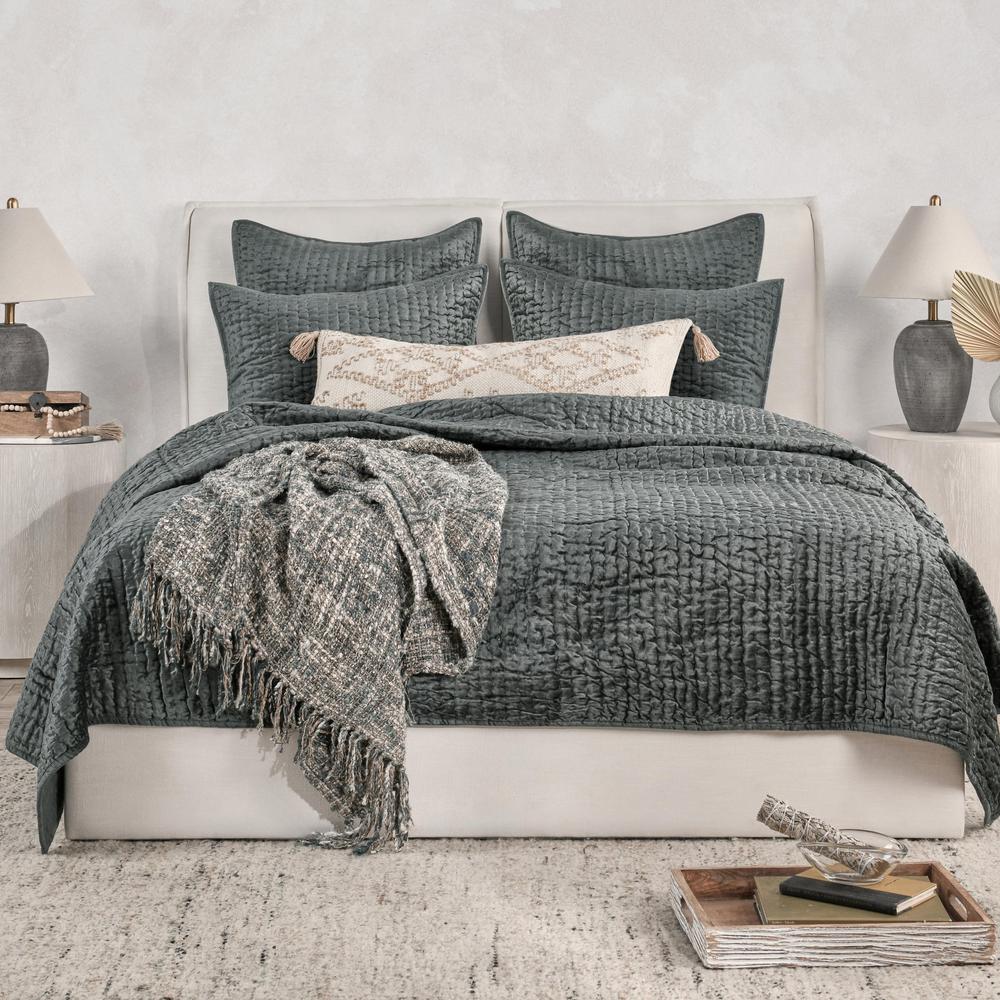 Dimitry 100% Rayon Velvet Bay Green King Quilt by Kosas Home. Picture 6