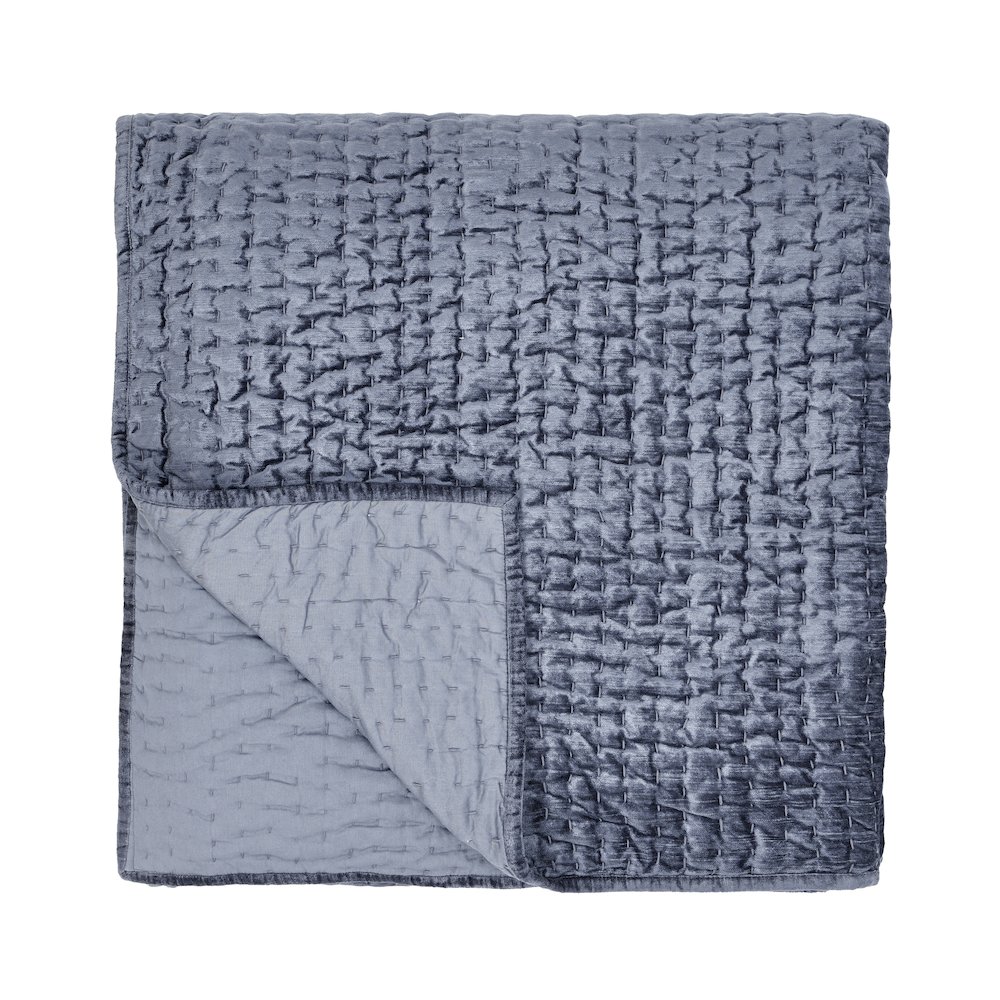 Dimitry 100% Rayon Velvet Sea Fog Blue Queen Quilt by Kosas Home. Picture 1