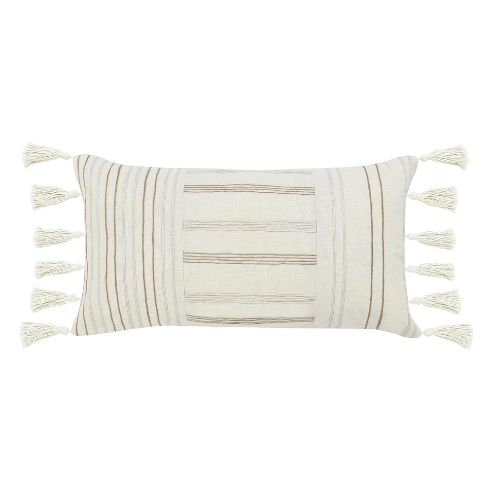 Apana 14"x26" Linen Embroidered Throw Pillow, Beige. Picture 1
