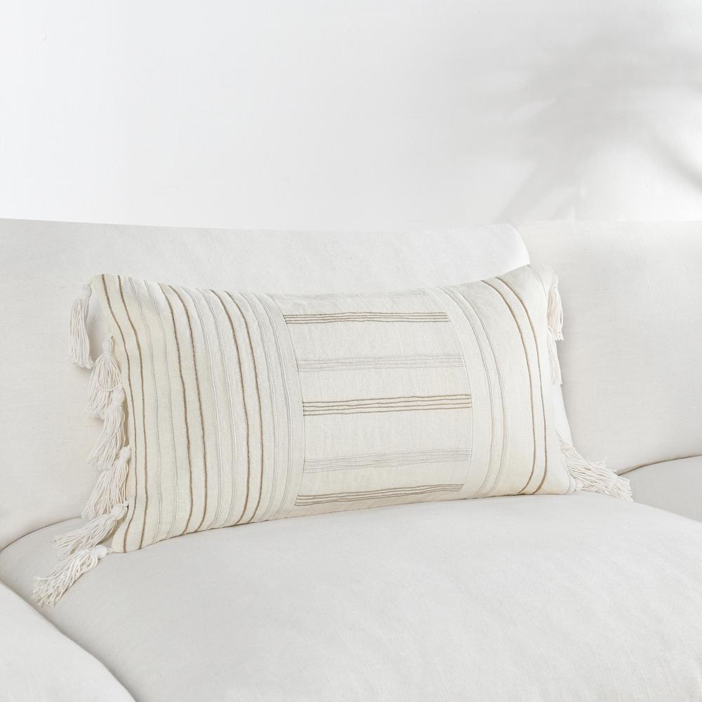 Apana 14"x26" Linen Embroidered Throw Pillow, Beige. Picture 5