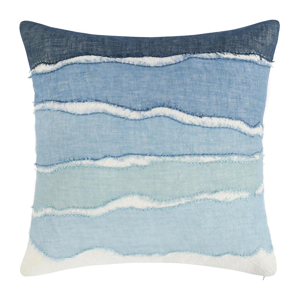 Bikram 22" Linen Blend Hand Stich Throw Pillow, Blue. Picture 1