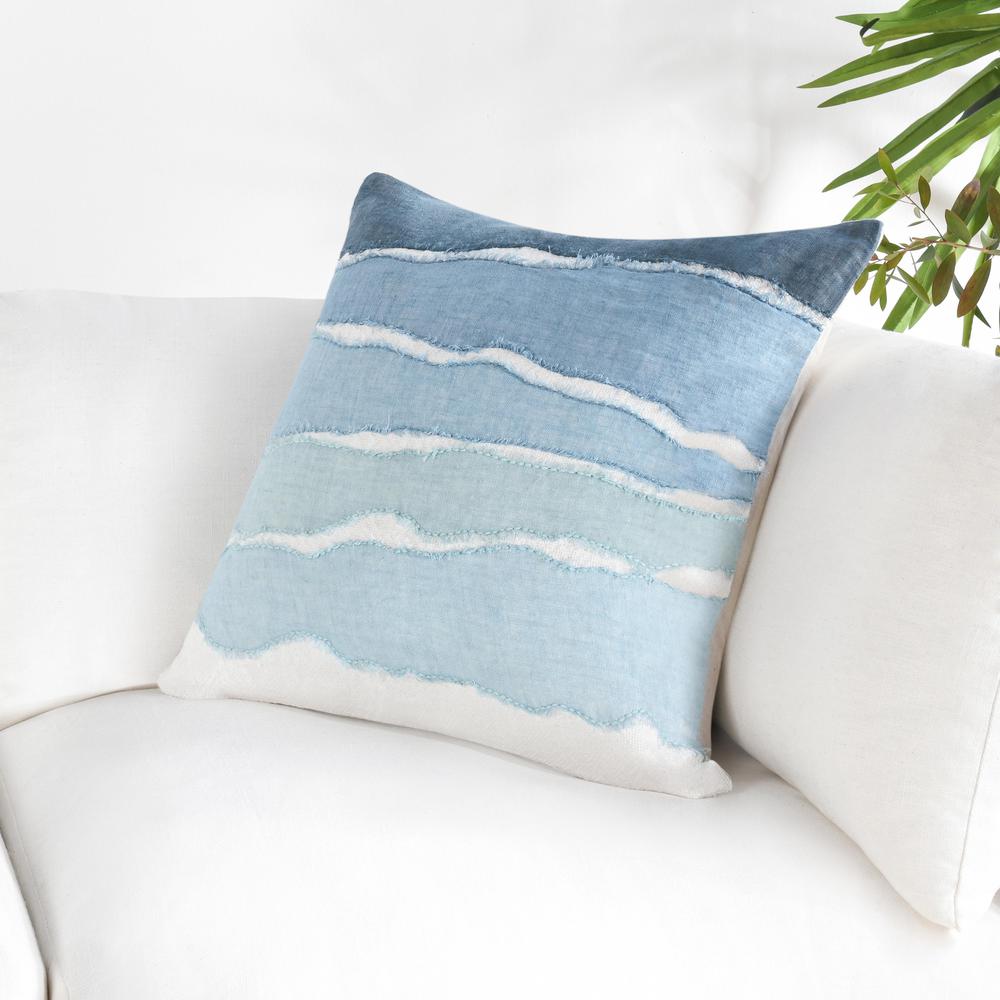 Bikram 22" Linen Blend Hand Stich Throw Pillow, Blue. Picture 5