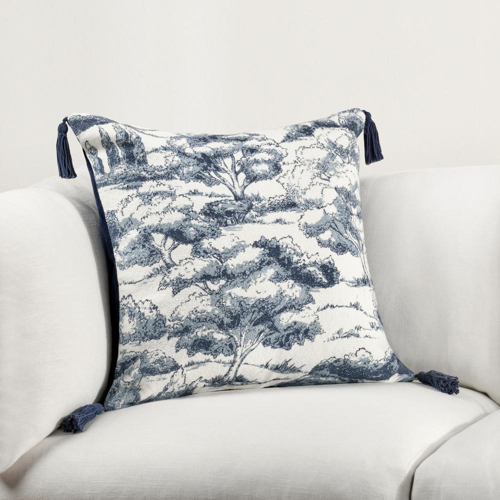 Stonework 22" Cotton Linen Blend Throw Pillow, Denim Blue. Picture 7