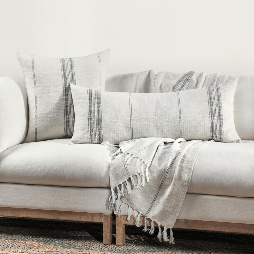 Ria 16"x36" Cotton Fabric Throw Pillow, Ivory/Gray. Picture 7