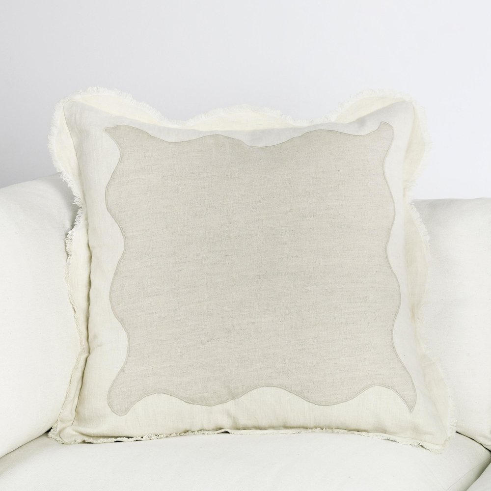 Tollo 24" Applique Design Linen Blend Fabric Ivory Throw Pillow. Picture 6