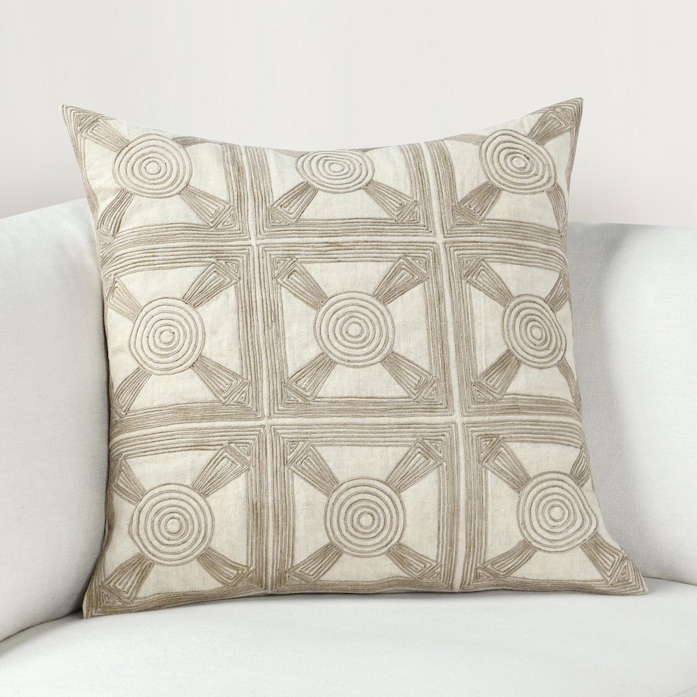 Baia 20" Embroidered Belgian Linen Fabric Natural Throw Pillow. Picture 6
