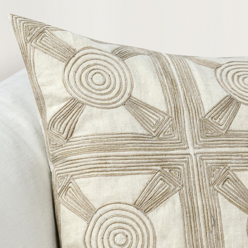 Baia 20" Embroidered Belgian Linen Fabric Natural Throw Pillow. Picture 7