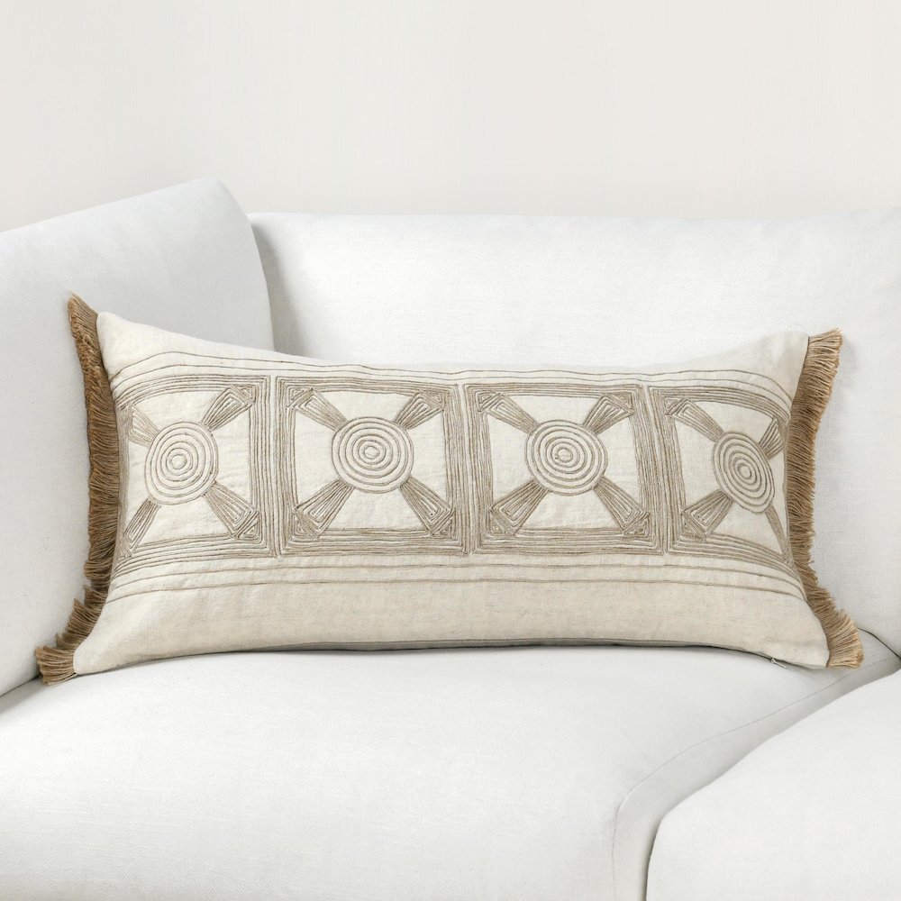 Baia 14x26 Embroidered Belgian Linen Fabric Natural Throw Pillow. Picture 6
