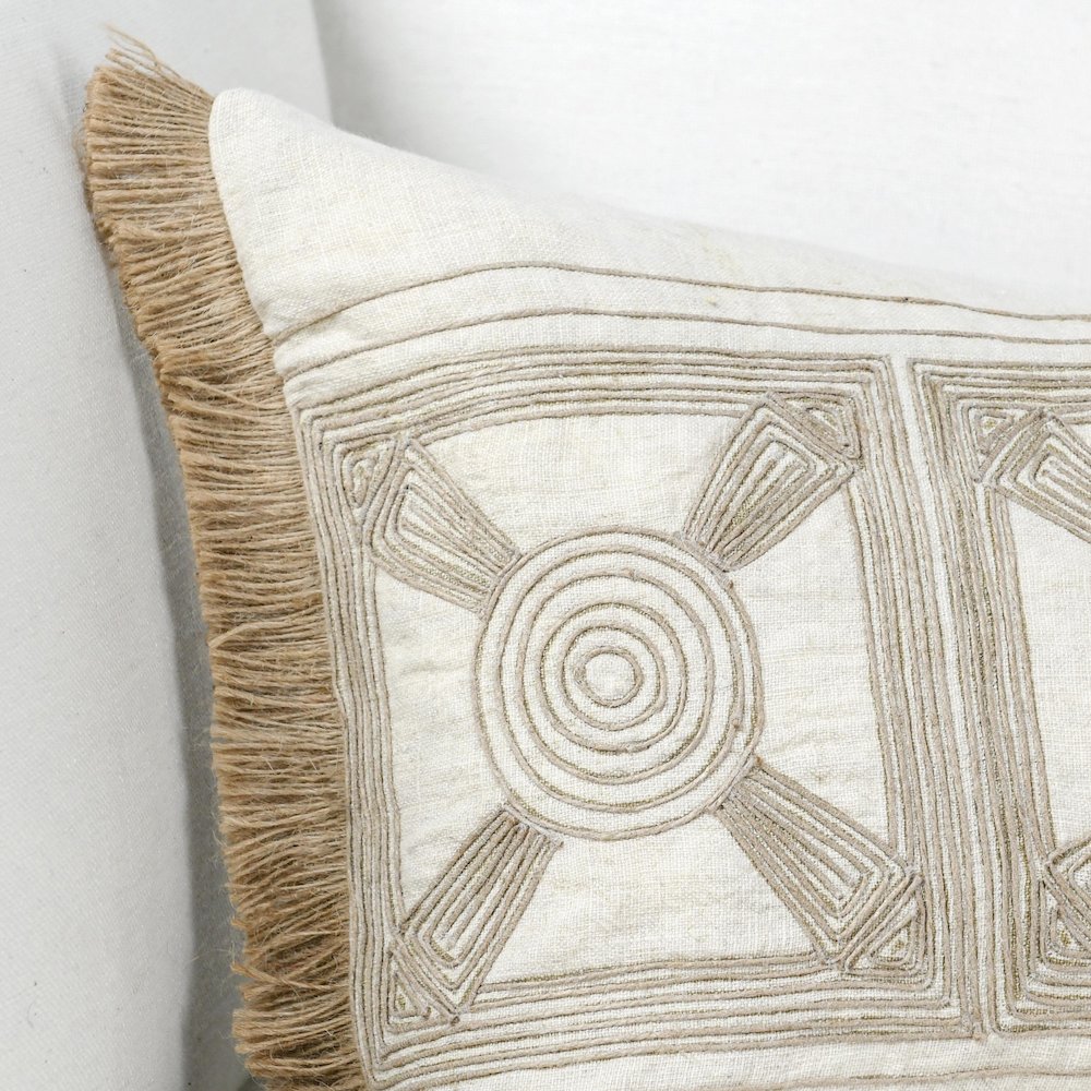 Baia 14x26 Embroidered Belgian Linen Fabric Natural Throw Pillow. Picture 7