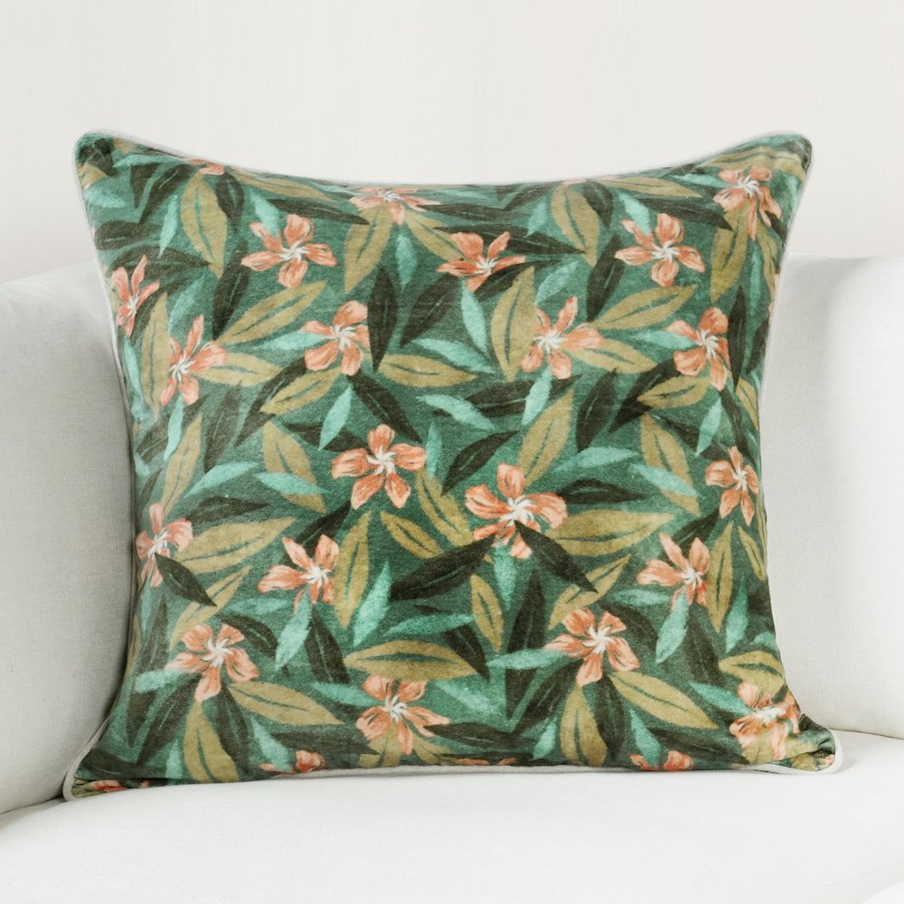 Lamia 22" Cotton Velvet Fabric Botanical Green Throw Pillow. Picture 6