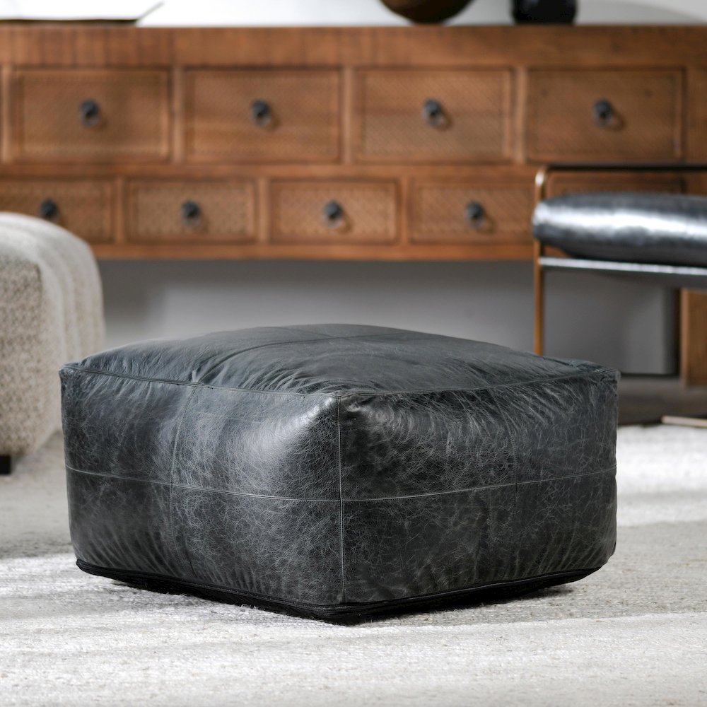 Dexter 24"Genuine Leather Pouf , Onyx Black. Picture 7