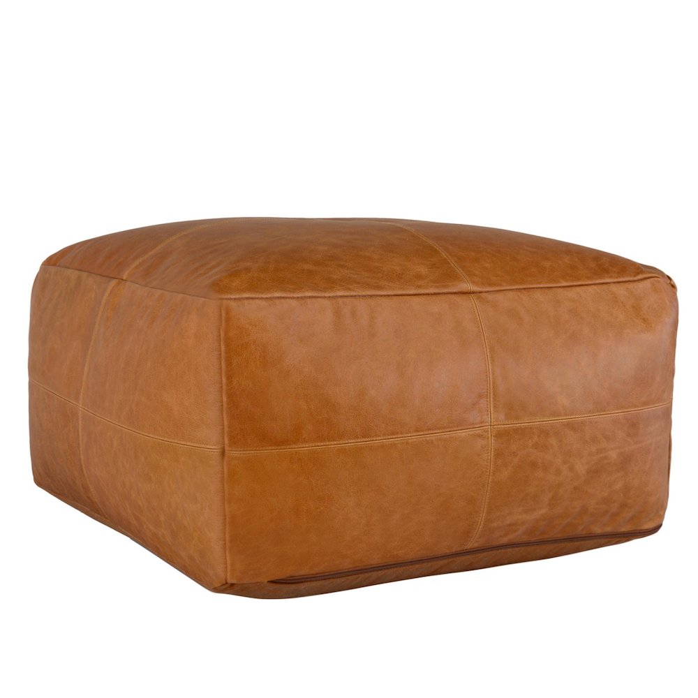 Cheyenne Genuine Leather 24" Square Brown Pouf by Kosas Home. Picture 1