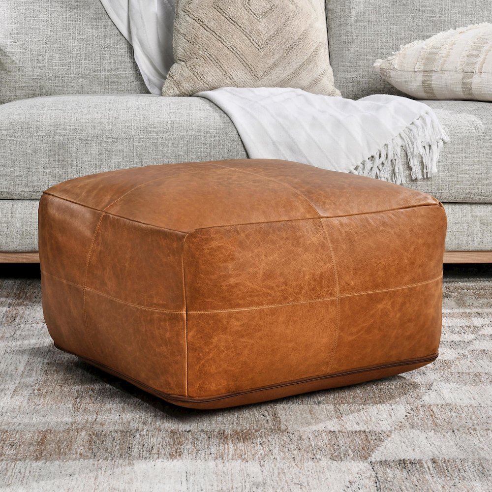 Cheyenne Genuine Leather 24" Square Brown Pouf by Kosas Home. Picture 3