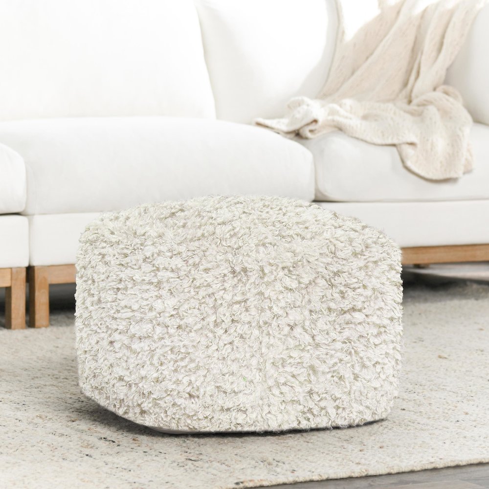 Carters 18" Faux Wool Shearling Ivory Floor Cushion Pouf. Picture 4