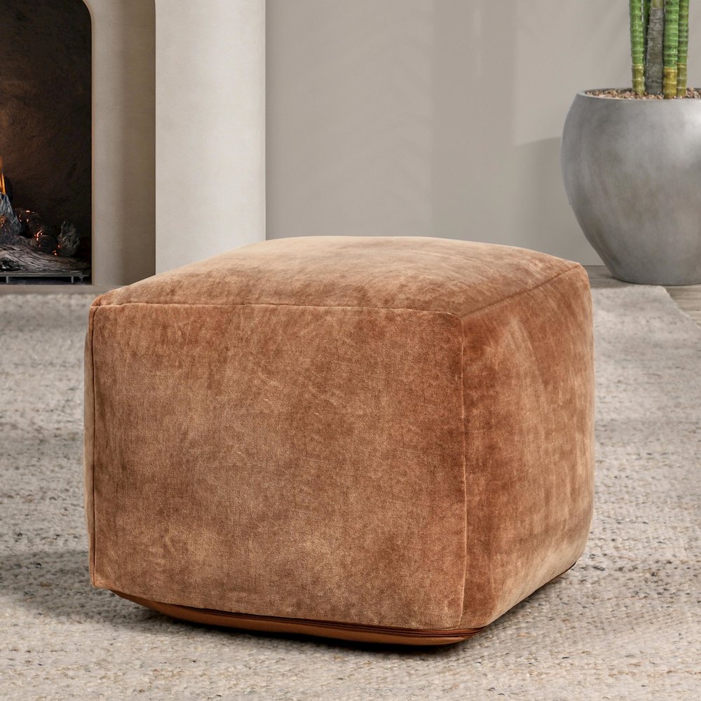 Heirloom 18" Velvet Fabric Orange Rust Floor Cushion Pouf. Picture 5