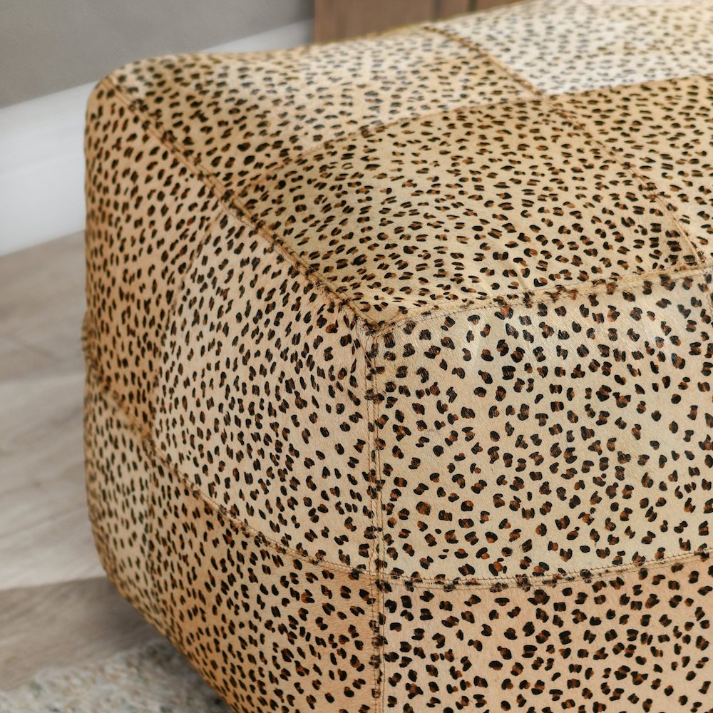Leopard 18" Natural Leather Hide Printed Camel Floor Cushion Pouf. Picture 3