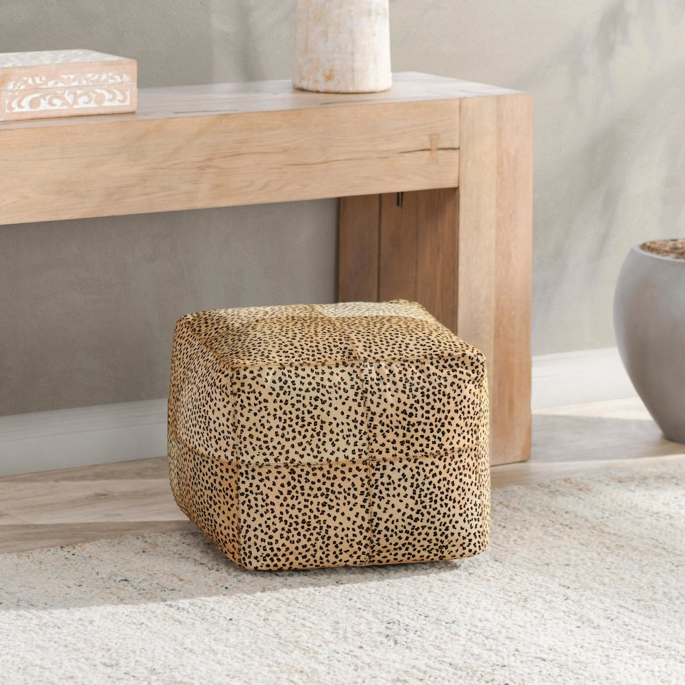 Leopard 18" Natural Leather Hide Printed Camel Floor Cushion Pouf. Picture 4