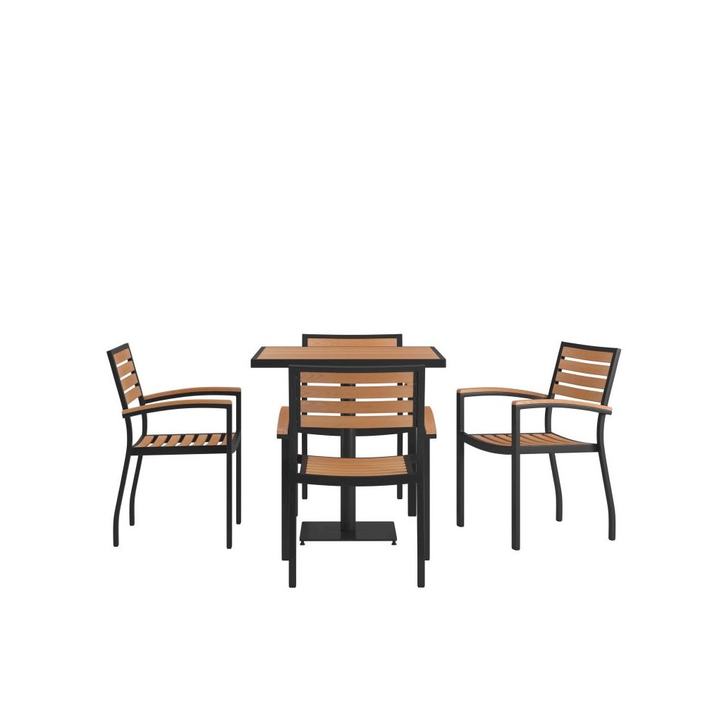 Indoor/Outdoor 5 Piece Patio Dining Table Set with 30" Square Faux Teak Table & 4 Stacking Club Chairs with Teak Accented Arms. Picture 1