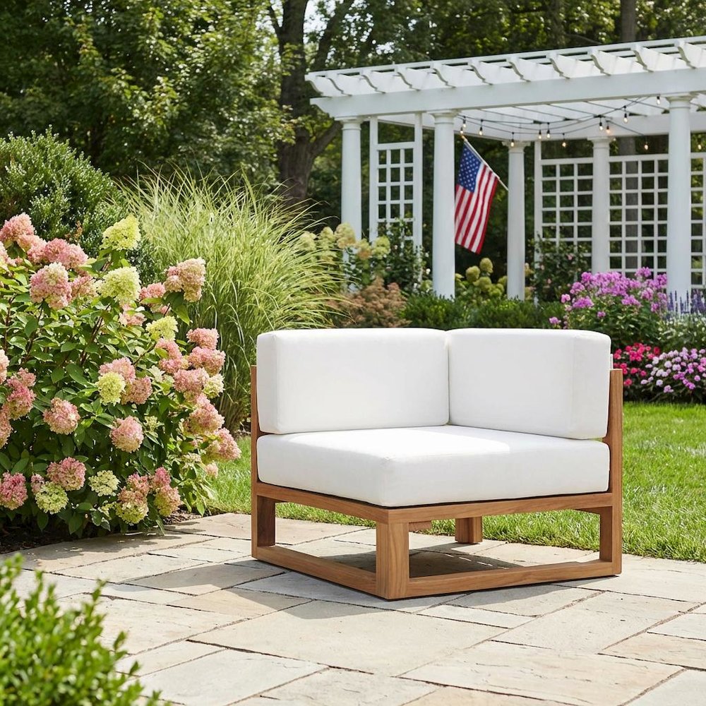 Teak Wood Outdoor Corner Lounge Chair With Comfortable Backrest, Cushioned Seat. Picture 3