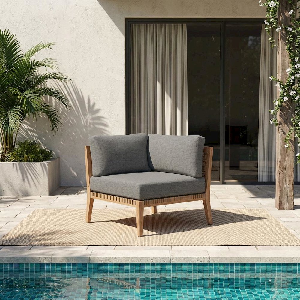 Teak Wood Corner Outdoor Lounge Chair With Backrest And Seat Cushion. Picture 2