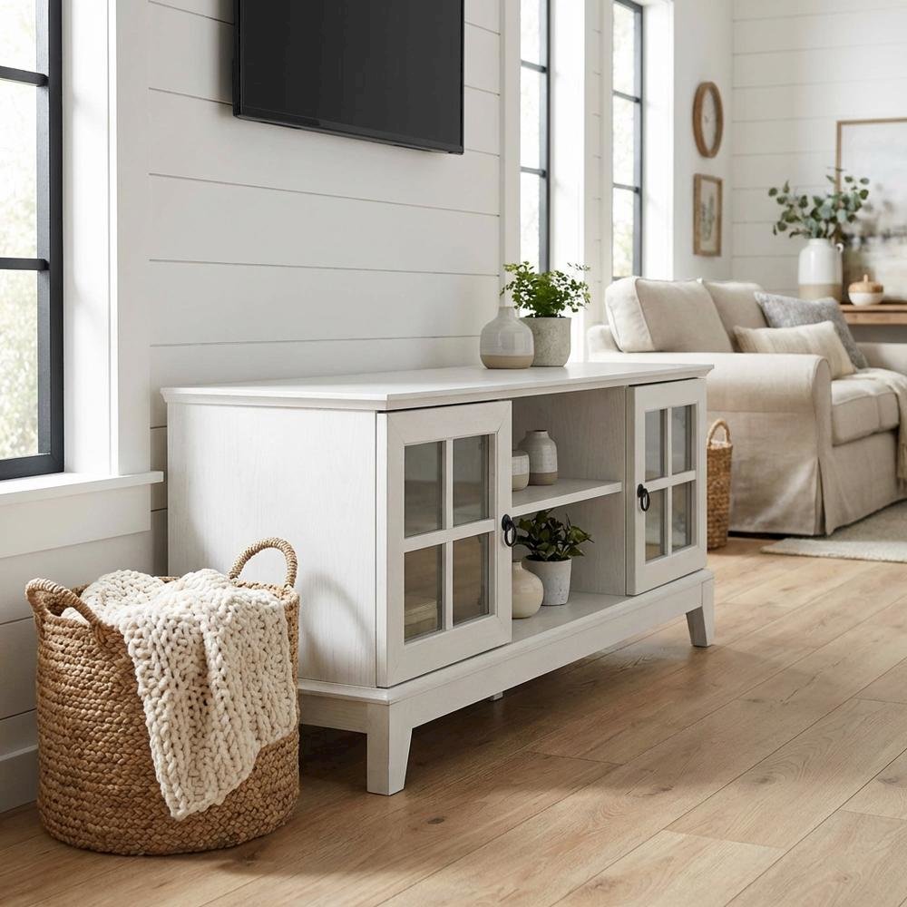 White wood TV stand with 47-inch top and sleek design for modern living spaces. Picture 2