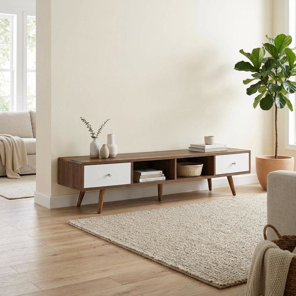 Wood TV Stand with Brown Finish and Spacious Surface. Picture 3