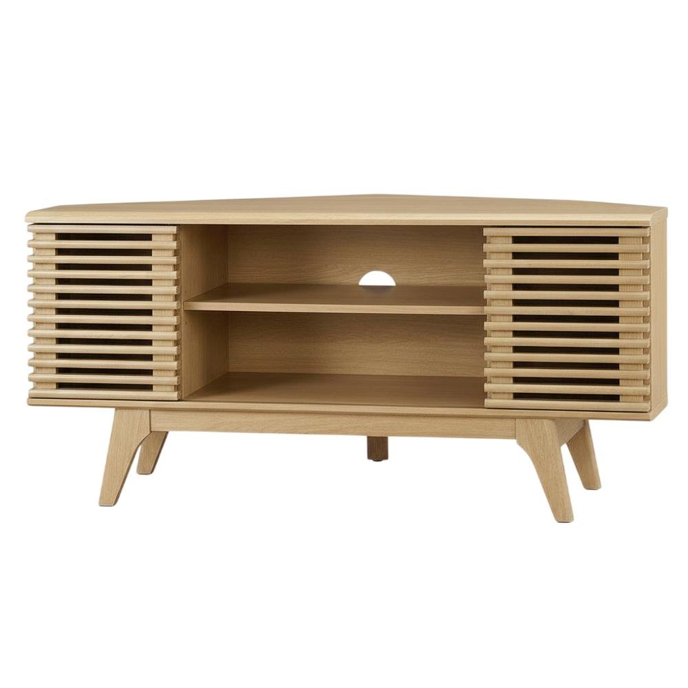 Brown wood corner TV stand with sleek design and sturdy construction. Picture 1